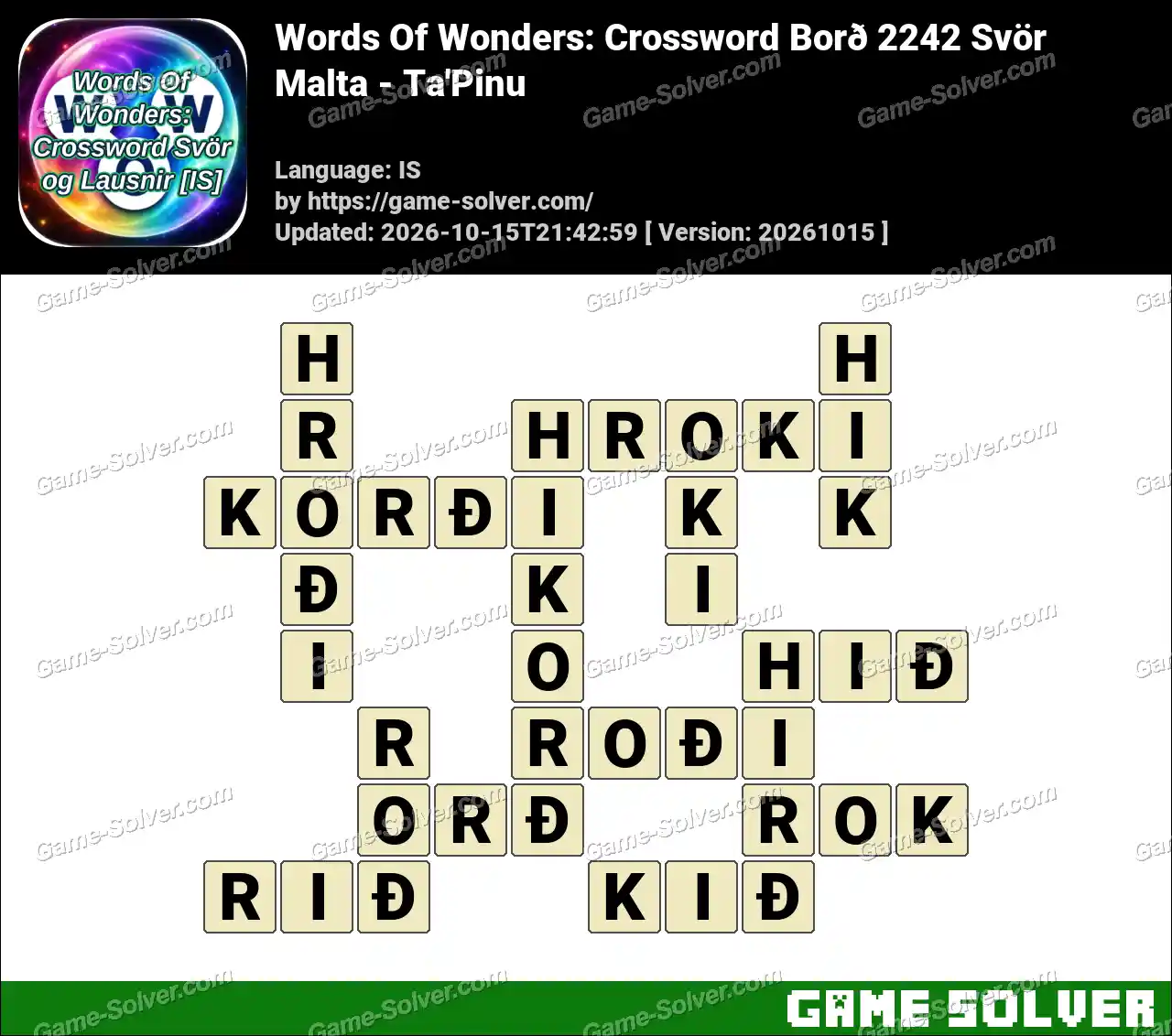 Words Of Wonders: Crossword Borð 2242 Svör – Malta – Ta’Pinu
